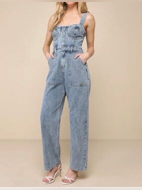 Lulu's Fresh Perfection Light Wash Bustier Sleeveless Denim Jumpsuit NWOT